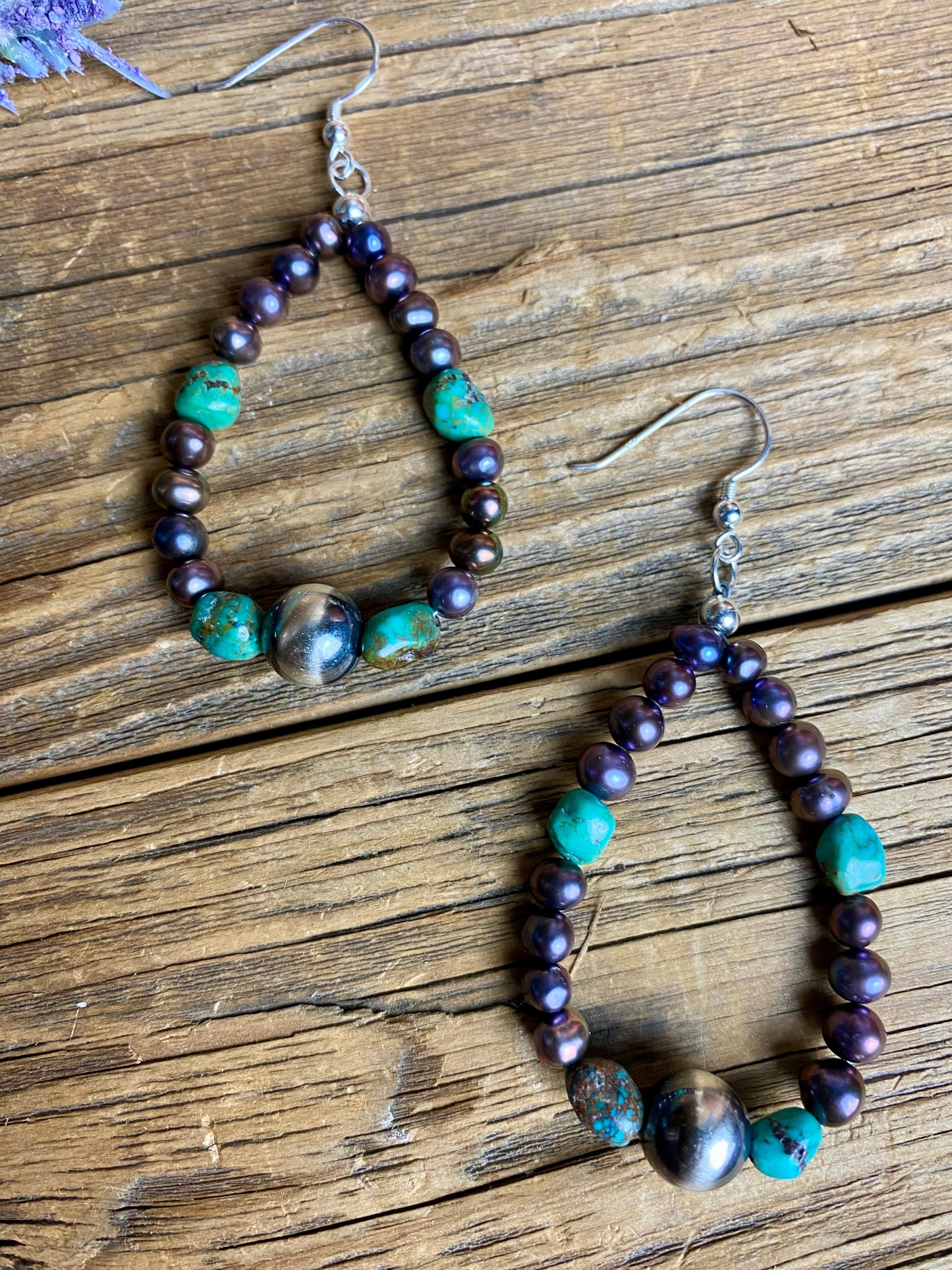 Navajo Pearl, Turquoise & Freshwater Peacock Pearl Earrings