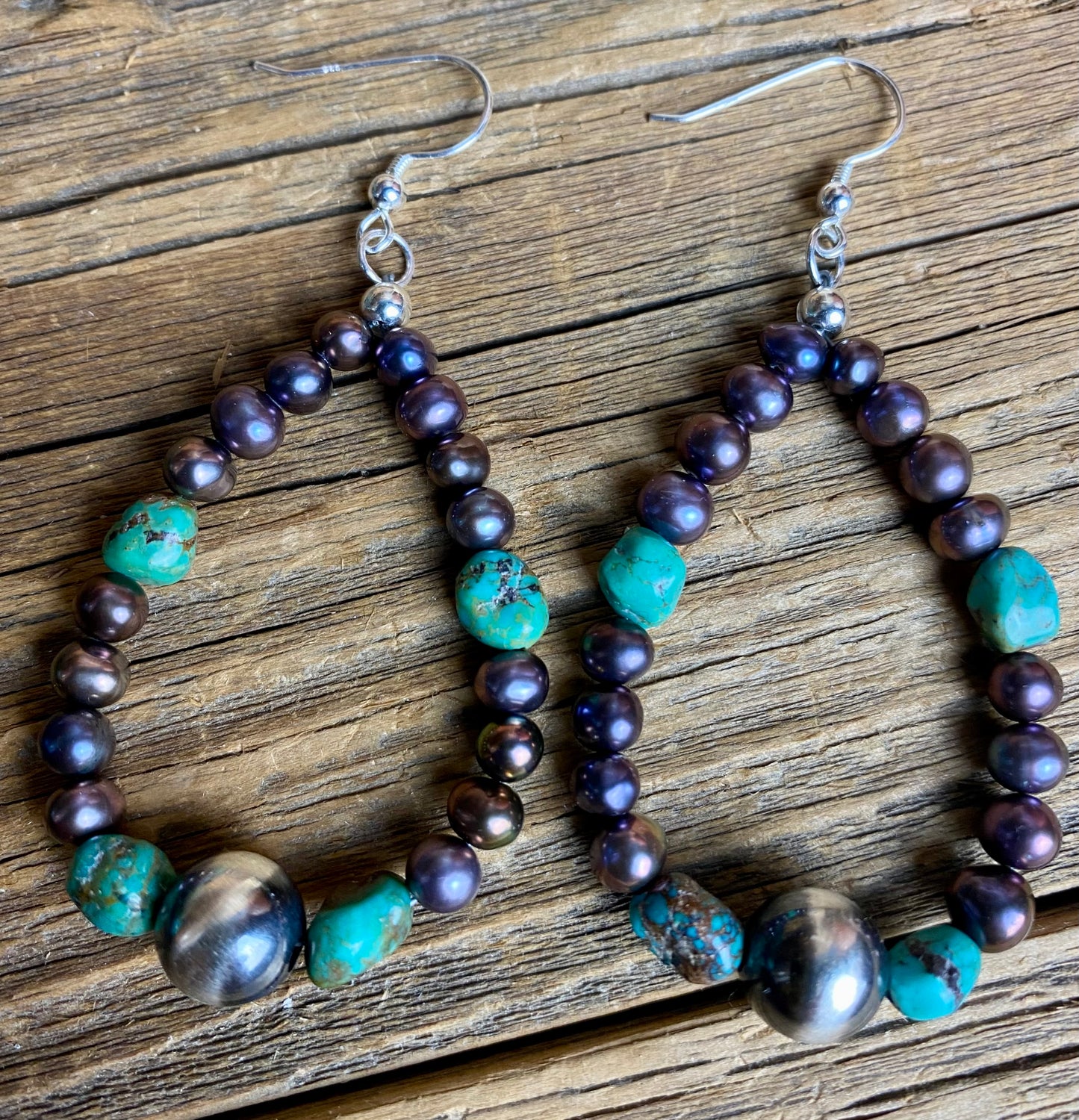 Navajo Pearl, Turquoise & Freshwater Peacock Pearl Earrings