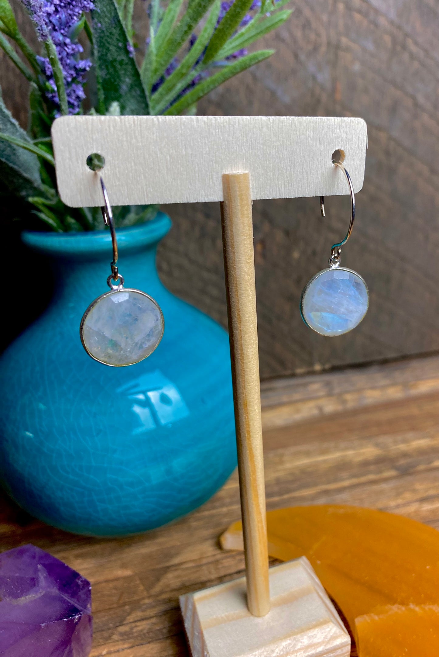 Rainbow Moonstone Round Faceted Earrings