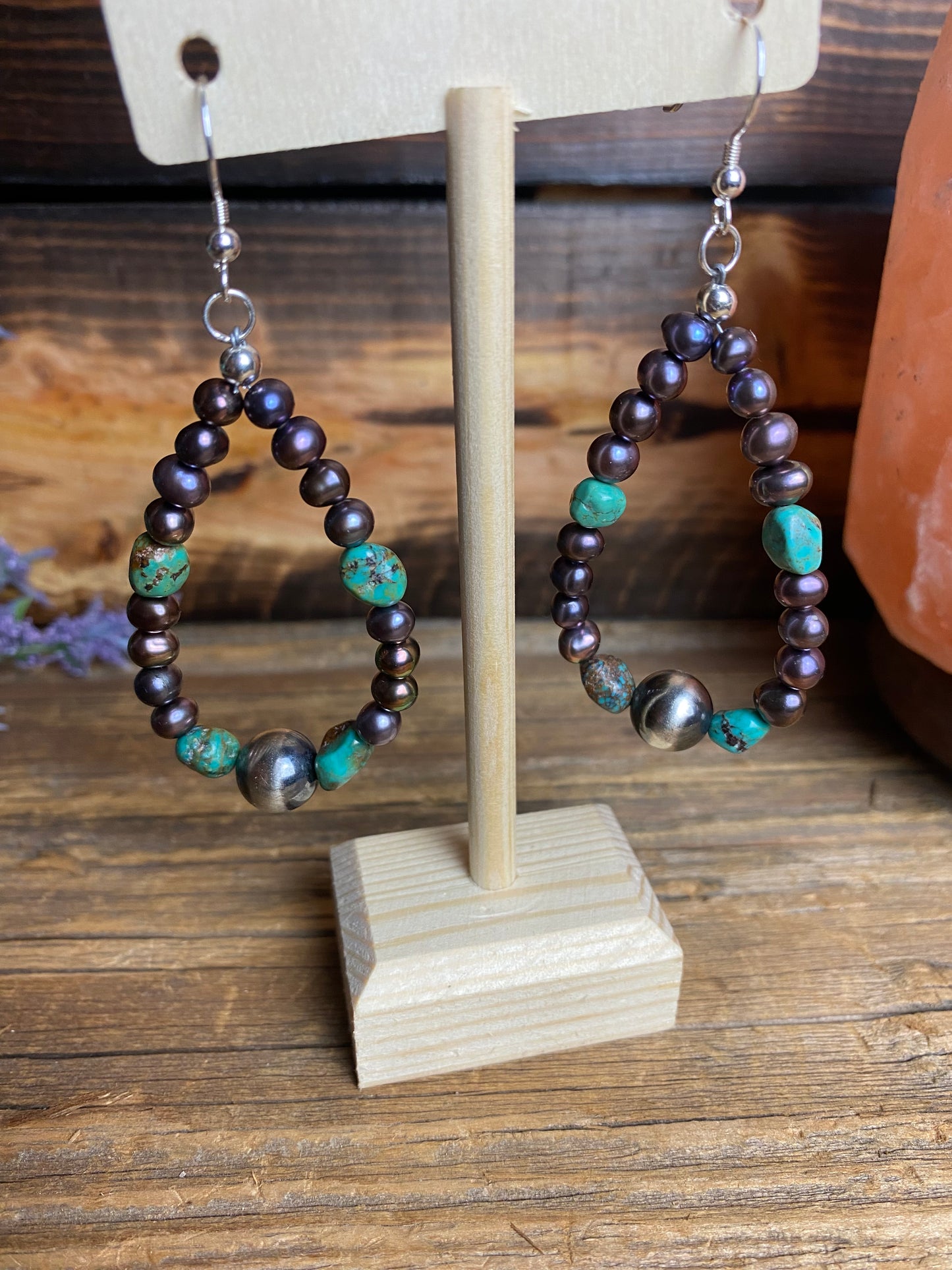 Navajo Pearl, Turquoise & Freshwater Peacock Pearl Earrings