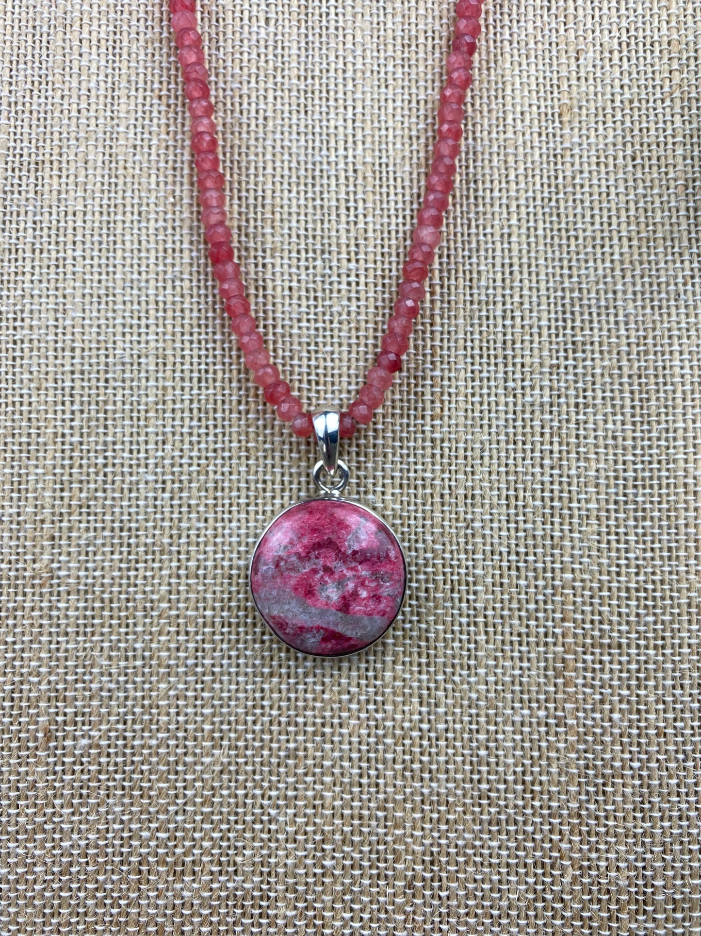Thulite Pendant with Pink Jade Faceted Necklace