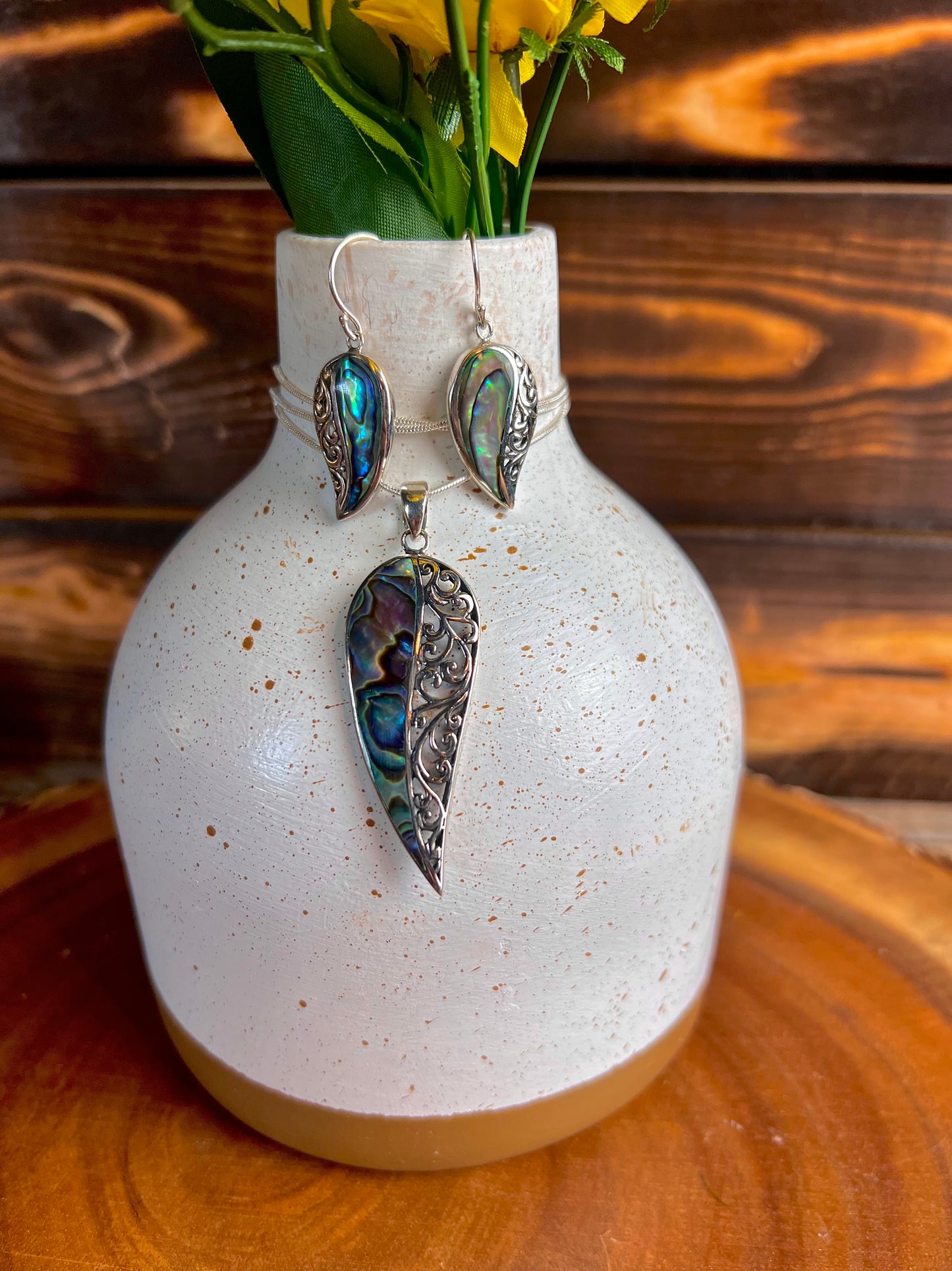 Abalone Feather Necklace and Earring Set