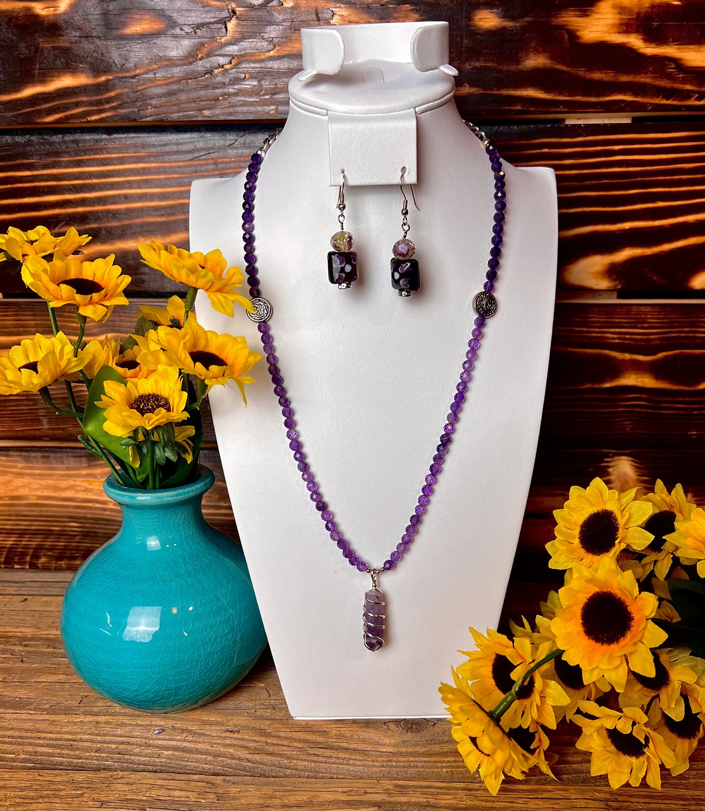 Amethyst Point Beaded Necklace & Earring Set
