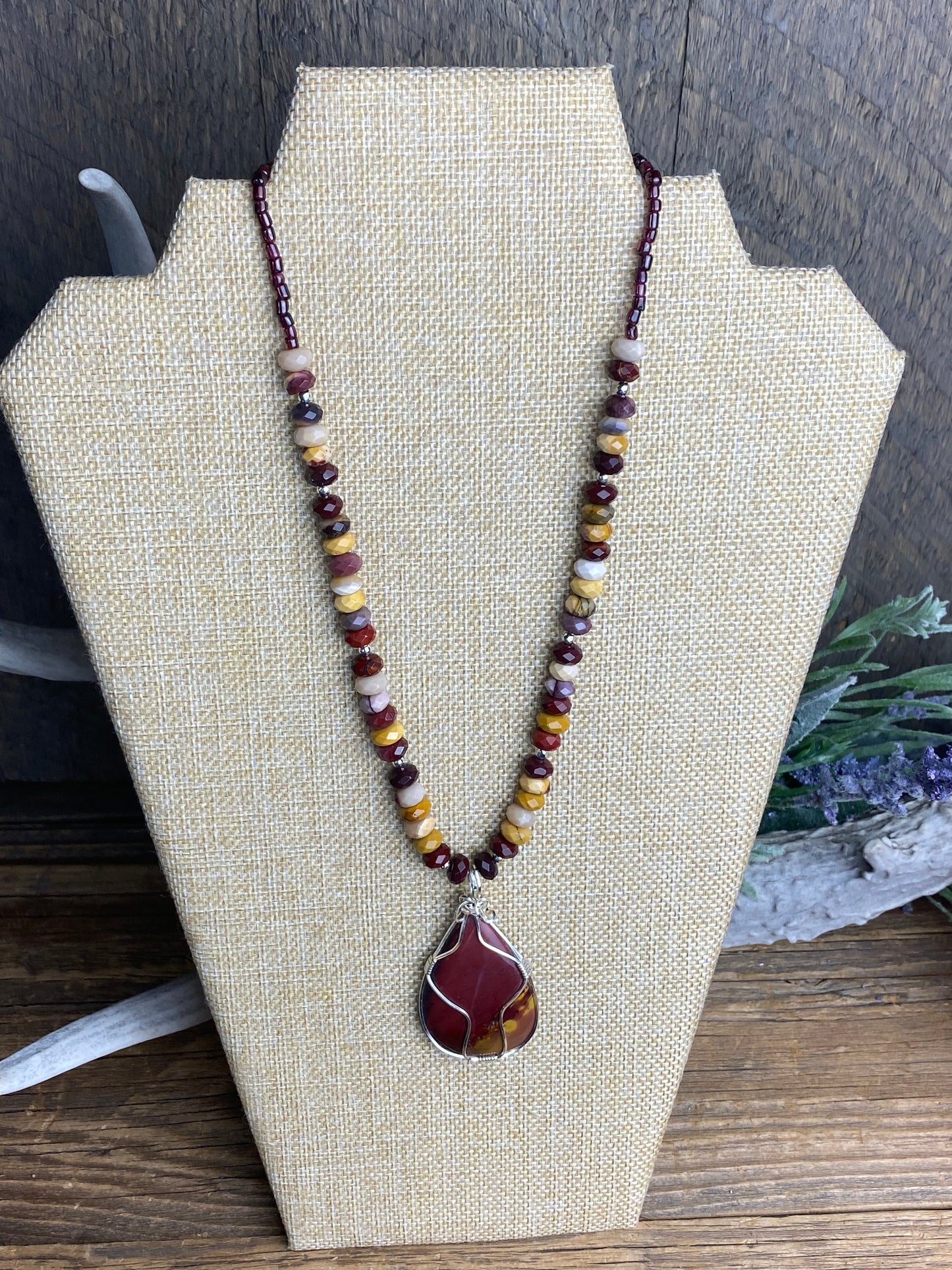 Mookaite Jasper Wire Wrapped Pendant & Garnet Necklace
