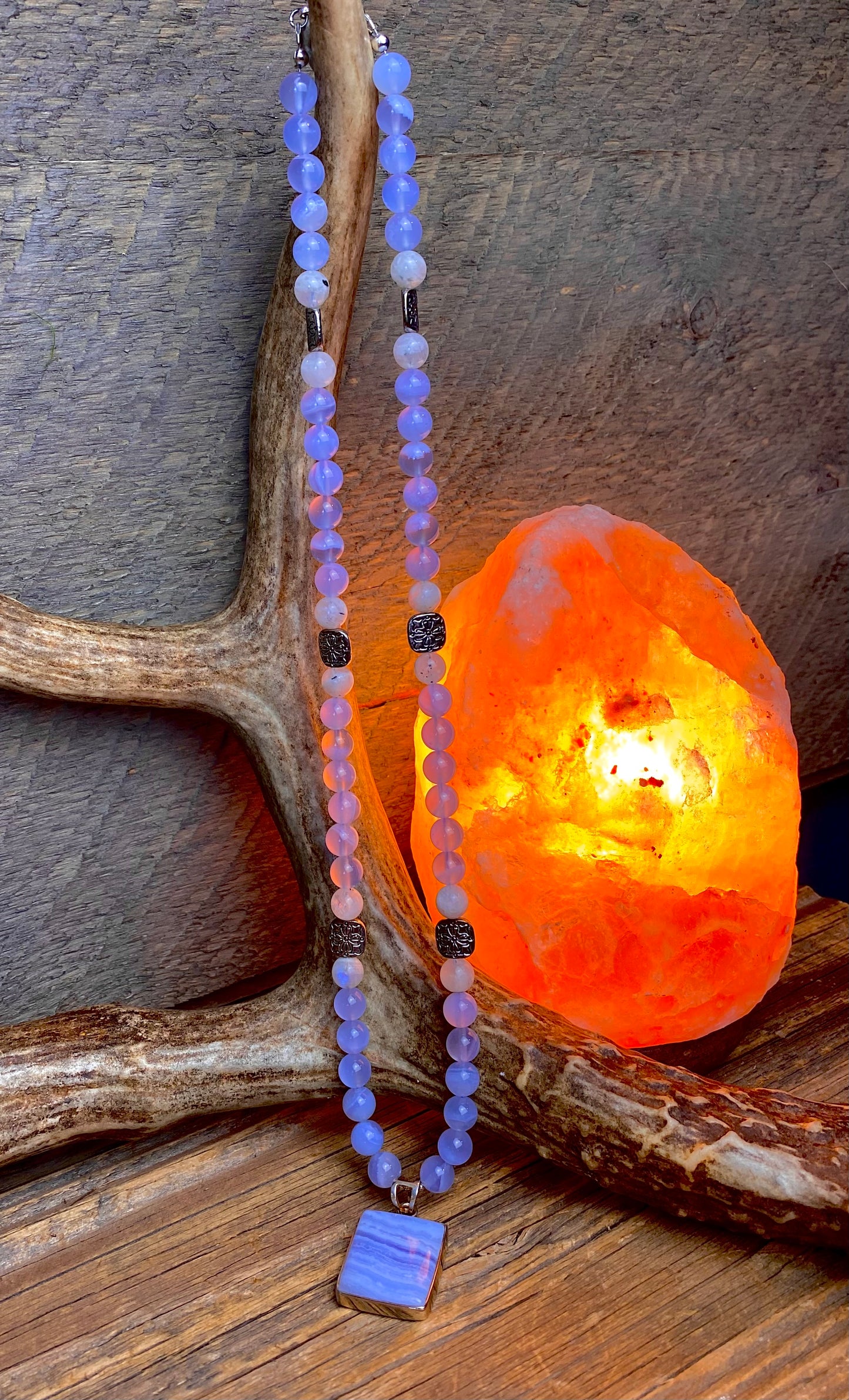 Blue Chalcedony & Rainbow Moonstone w/ Blue Lace Agate Statement Necklace