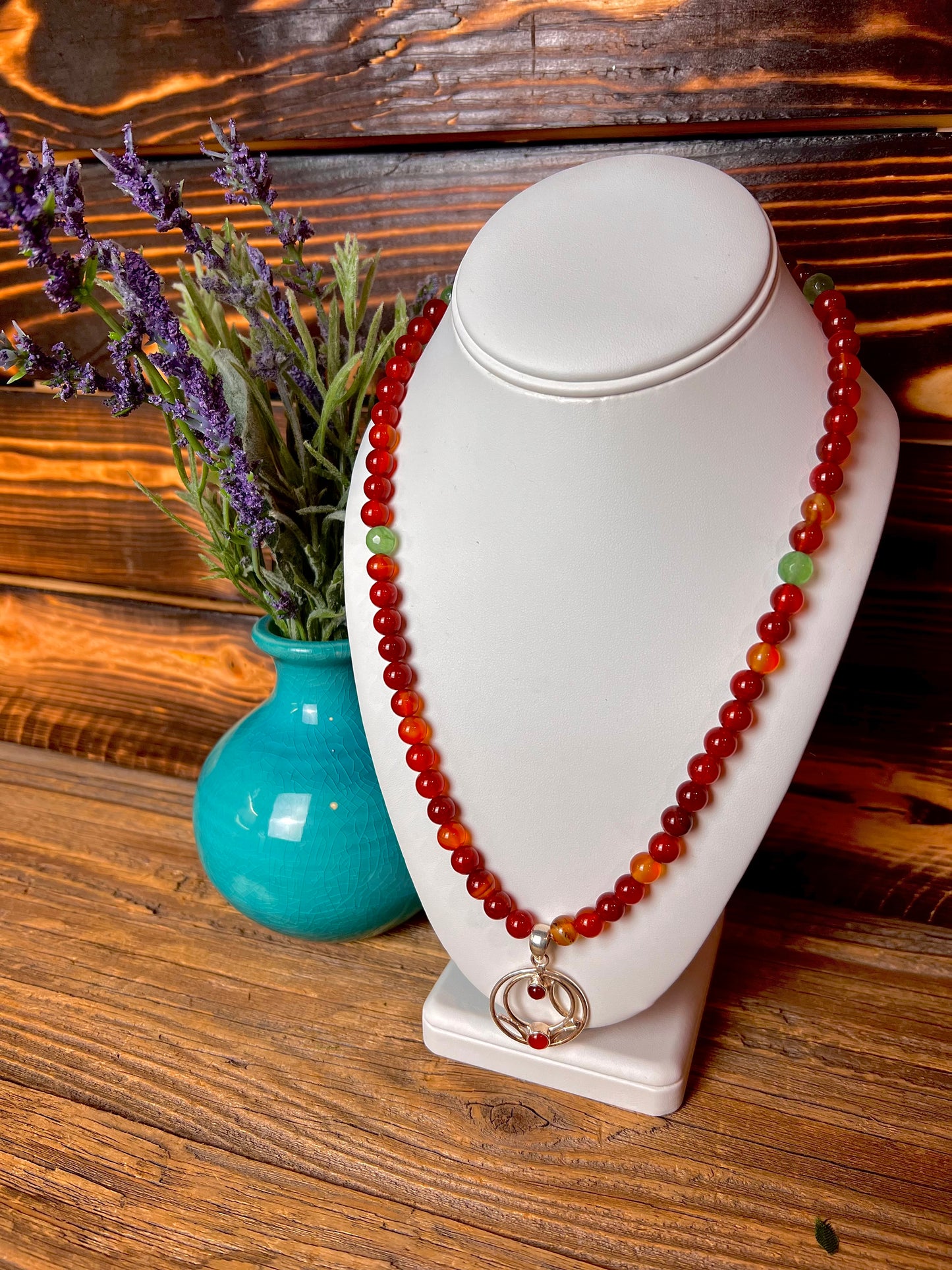 Carnelian & Chrysoprase Necklace w/ Carnelian Swirl Pendant