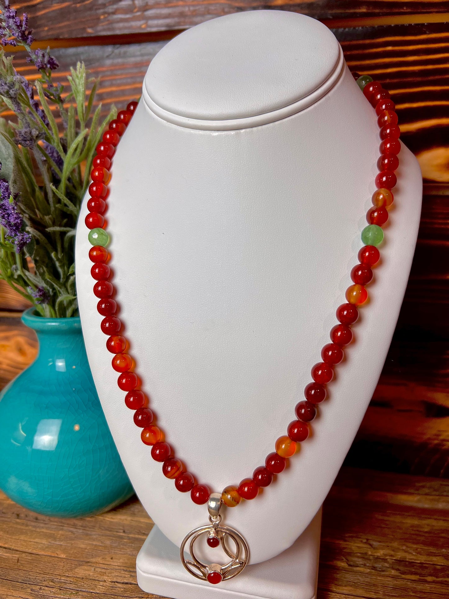 Carnelian & Chrysoprase Necklace w/ Carnelian Swirl Pendant