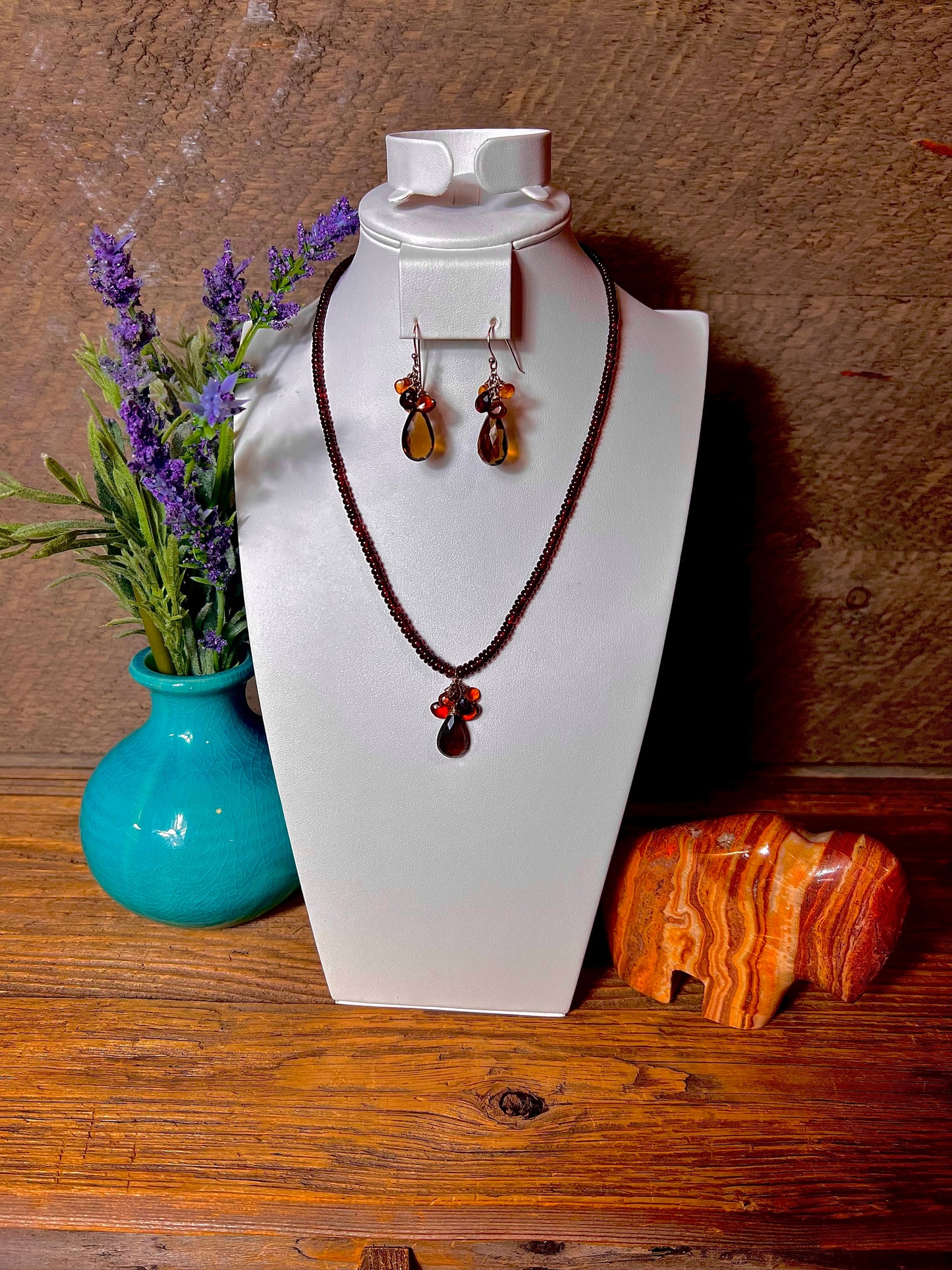 Garnet Necklace & Earring Set with Faceted Smoky Quartz, Citrine and Garnet Briolette Accent