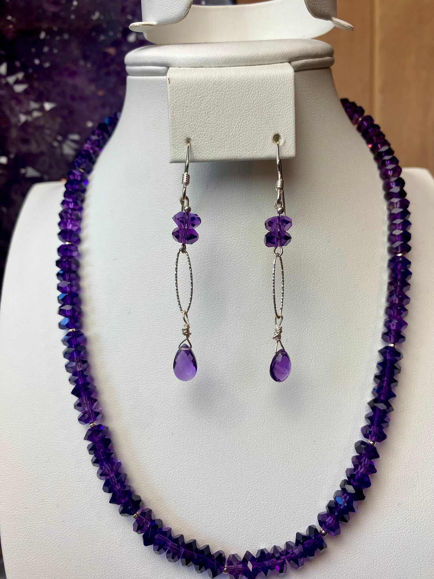Amethyst Rondelle Necklace and Earrings Jewelry Set