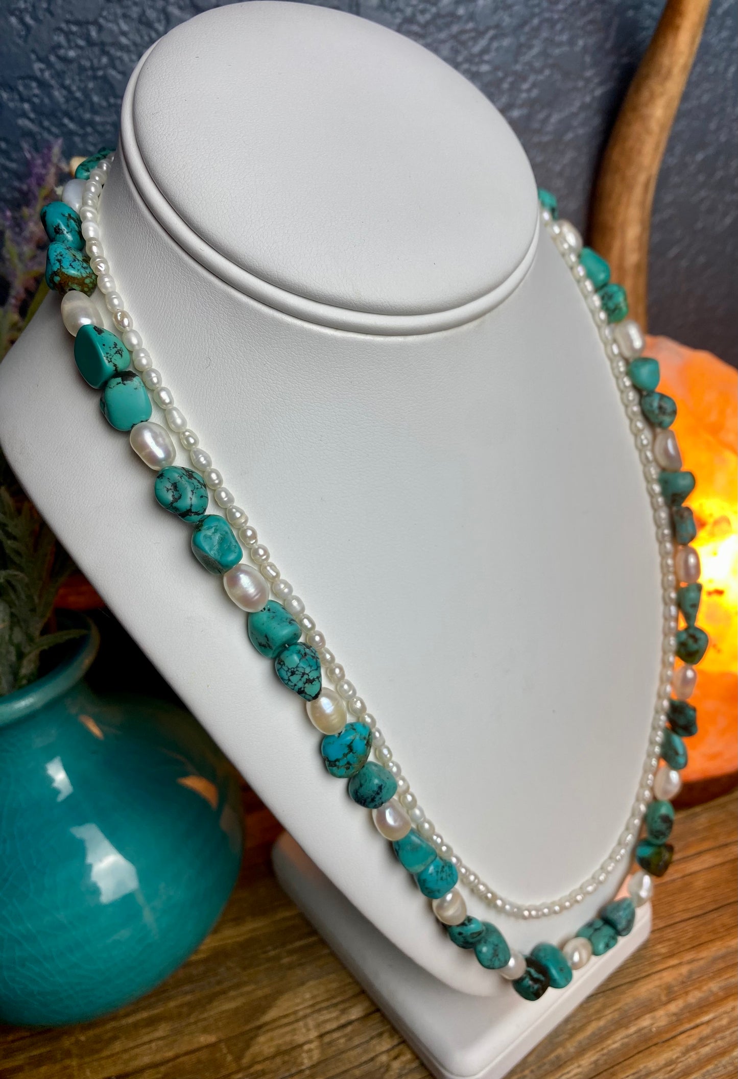 Turquoise & Seed Pearl Double Strand Bead Necklace