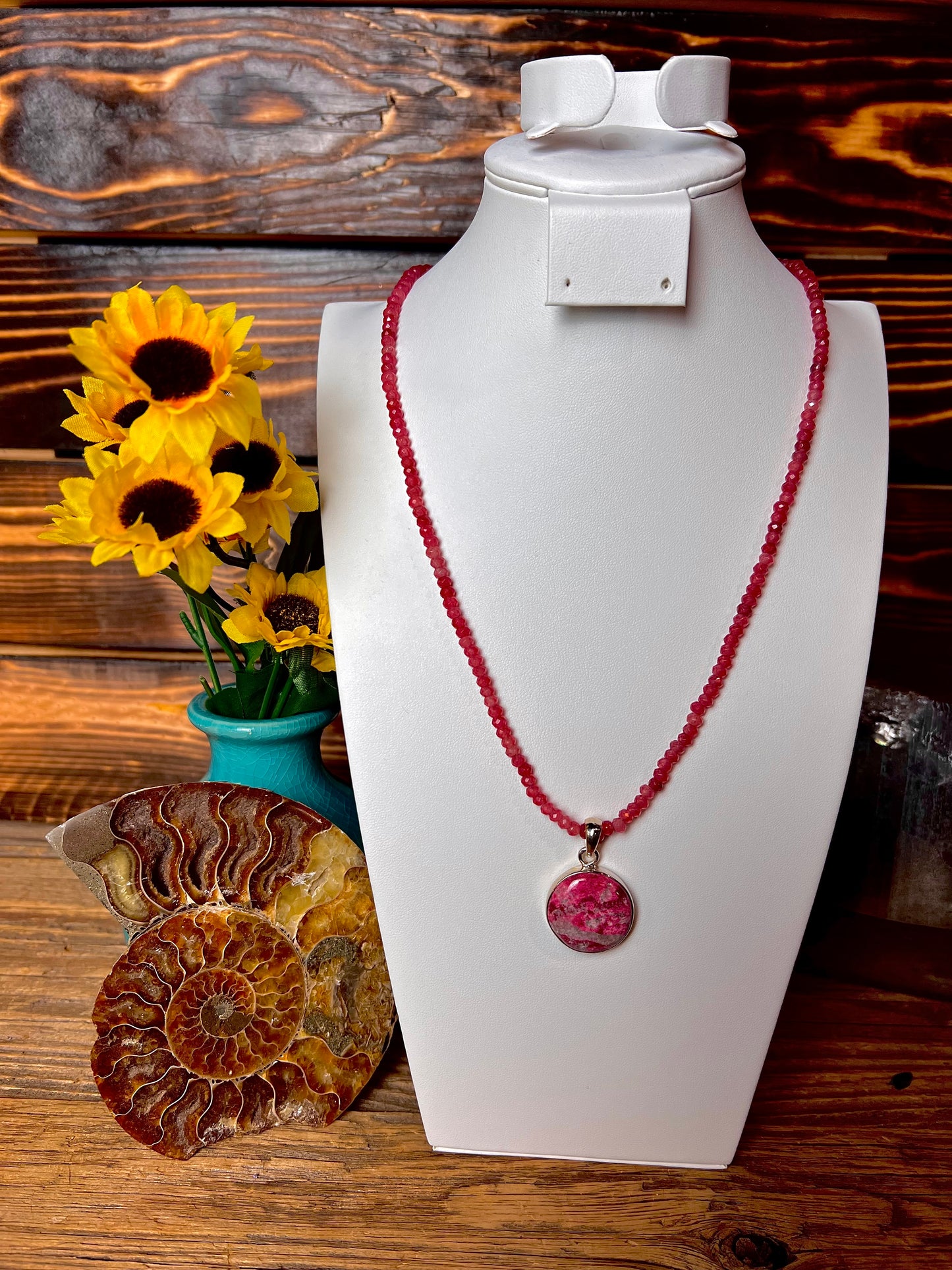 Thulite Pendant with Pink Jade Faceted Necklace