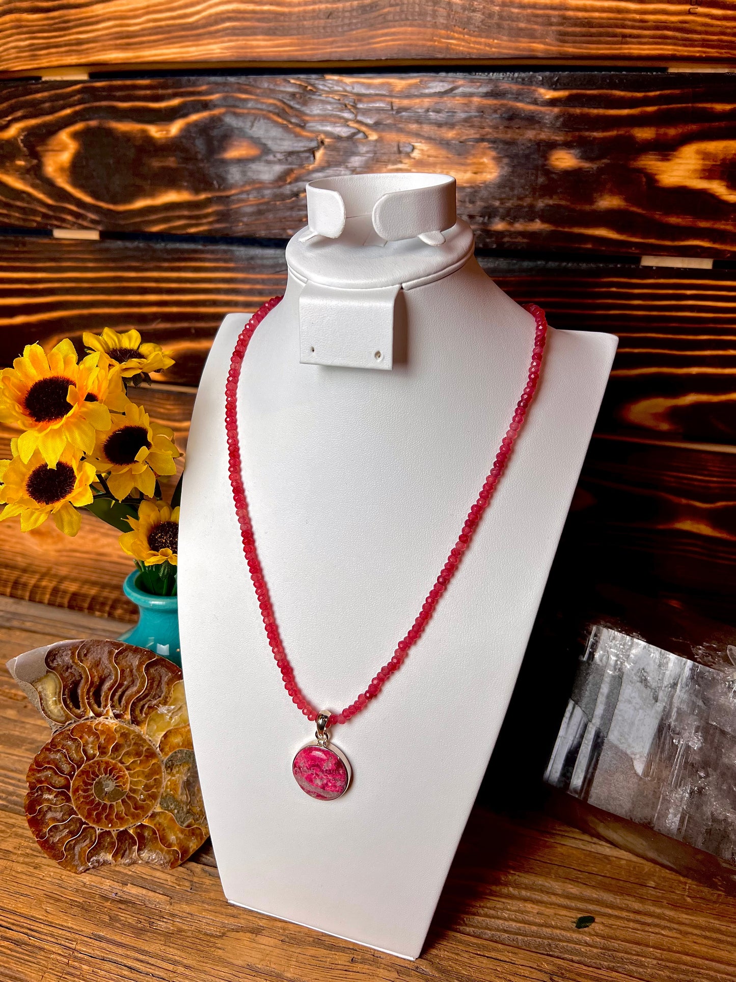 Thulite Pendant with Pink Jade Faceted Necklace