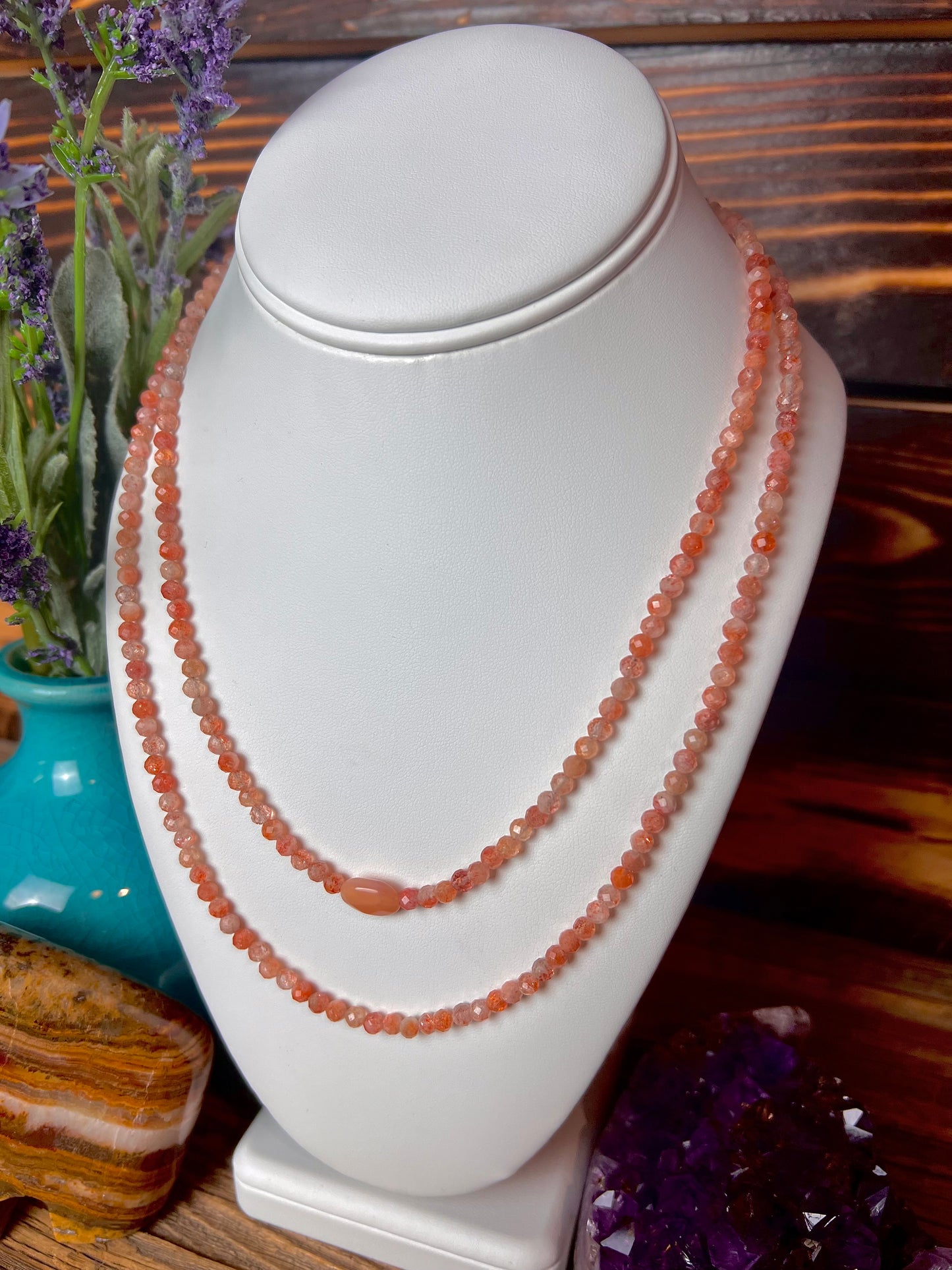 Sunstone Beaded Double Strand Necklace & Orange Coral Earring Set
