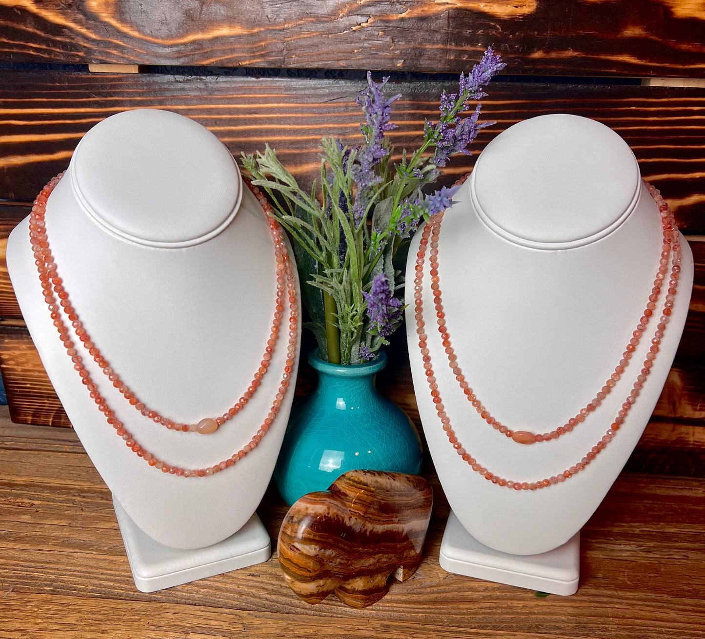 Sunstone Beaded Double Strand Necklace & Orange Coral Earring Set