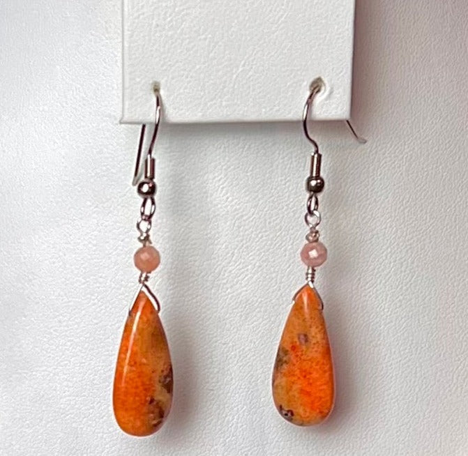 Sunstone Beaded Double Strand Necklace & Orange Coral Earring Set