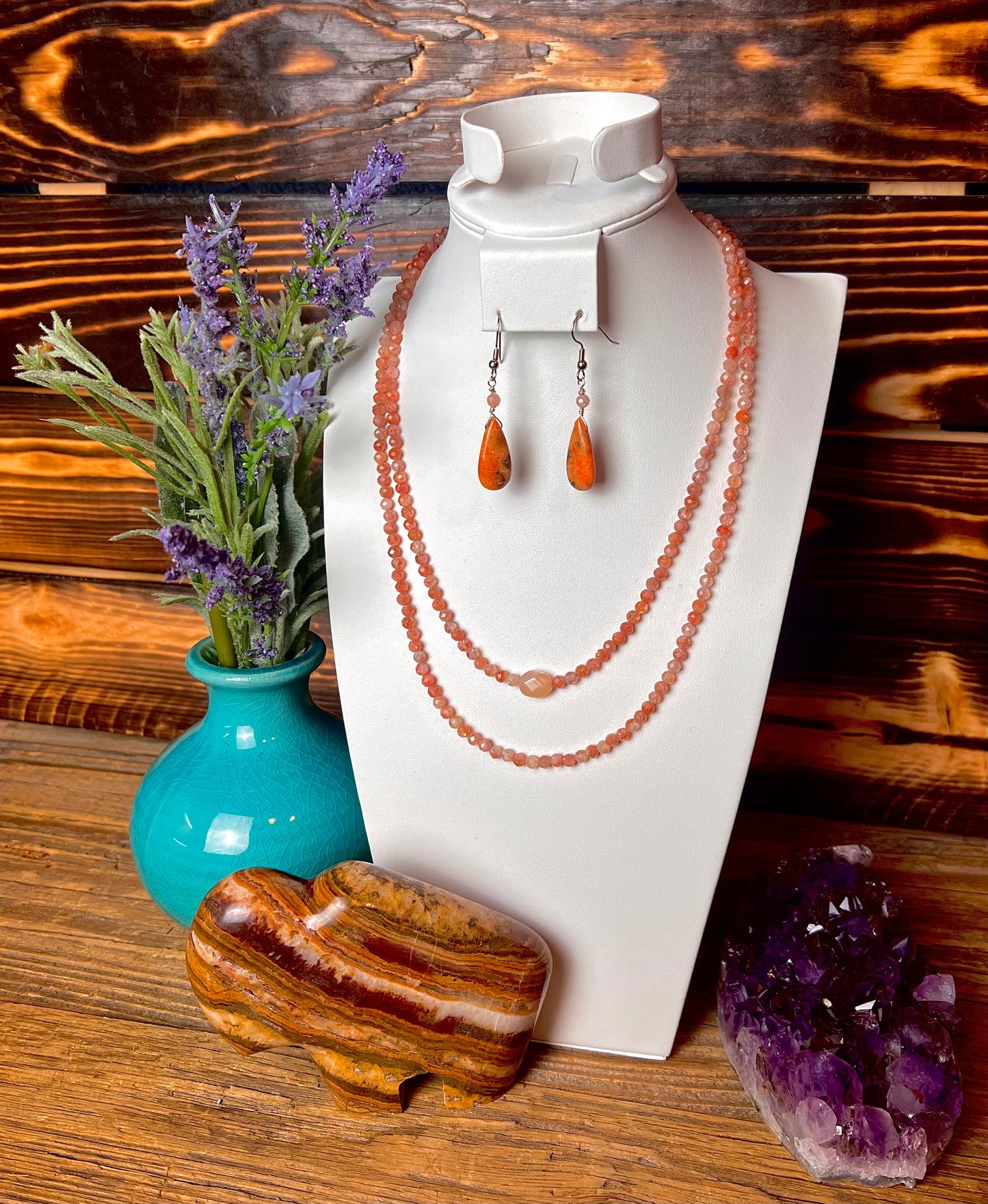 Sunstone Beaded Double Strand Necklace & Orange Coral Earring Set