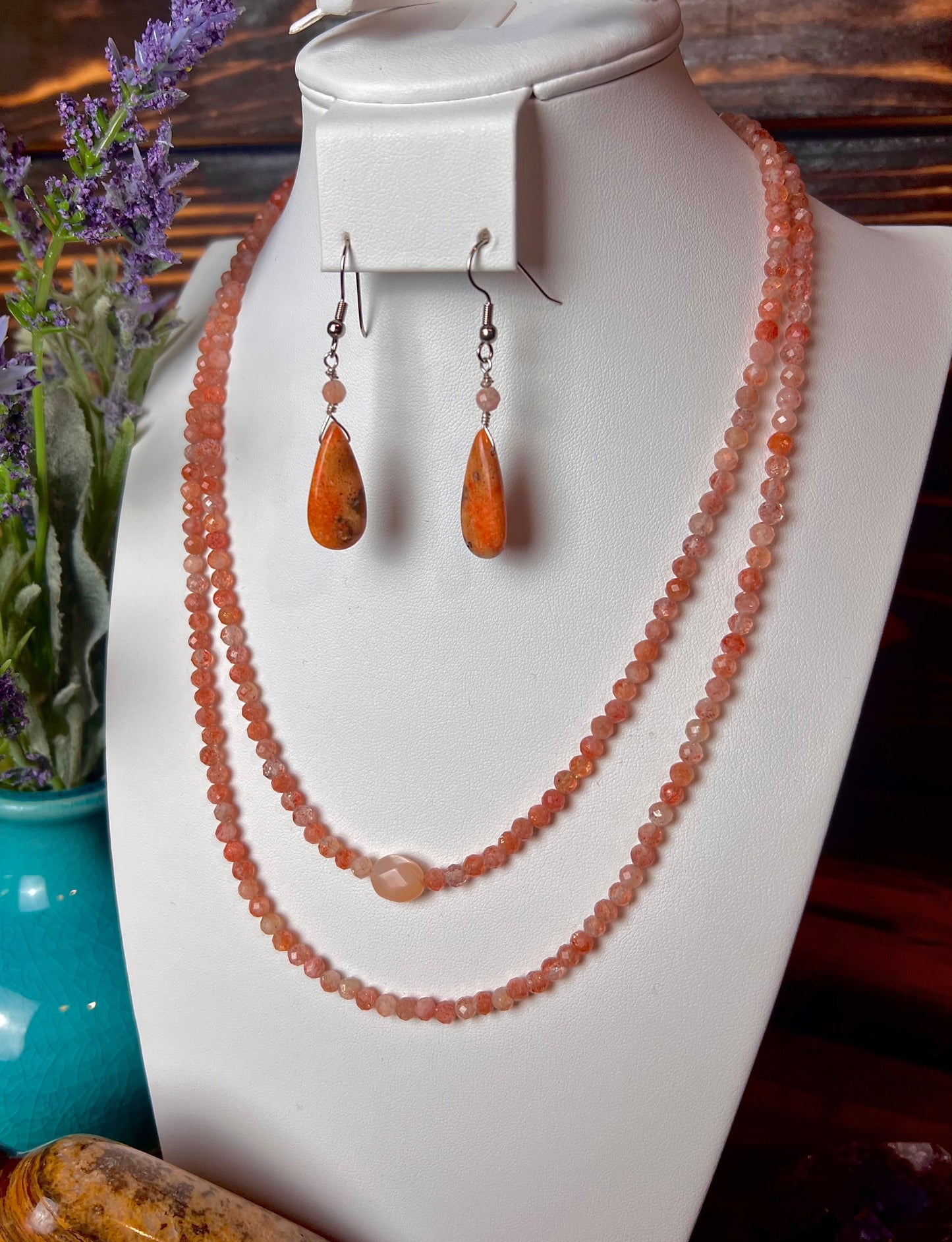 Sunstone Beaded Double Strand Necklace & Orange Coral Earring Set