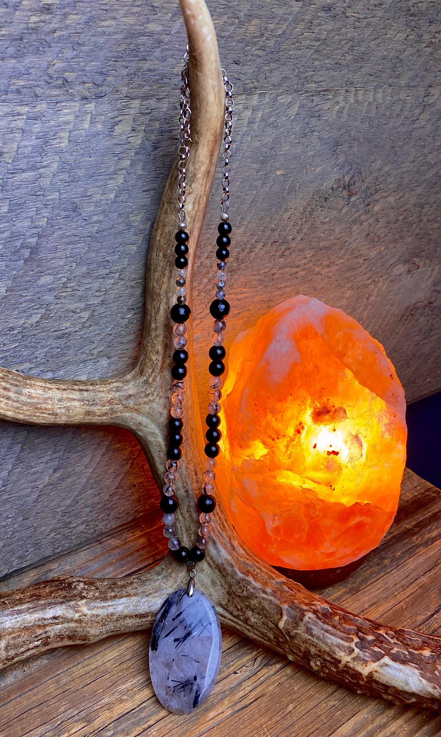 Tourmilated Quartz & Black Onyx Bead Necklace