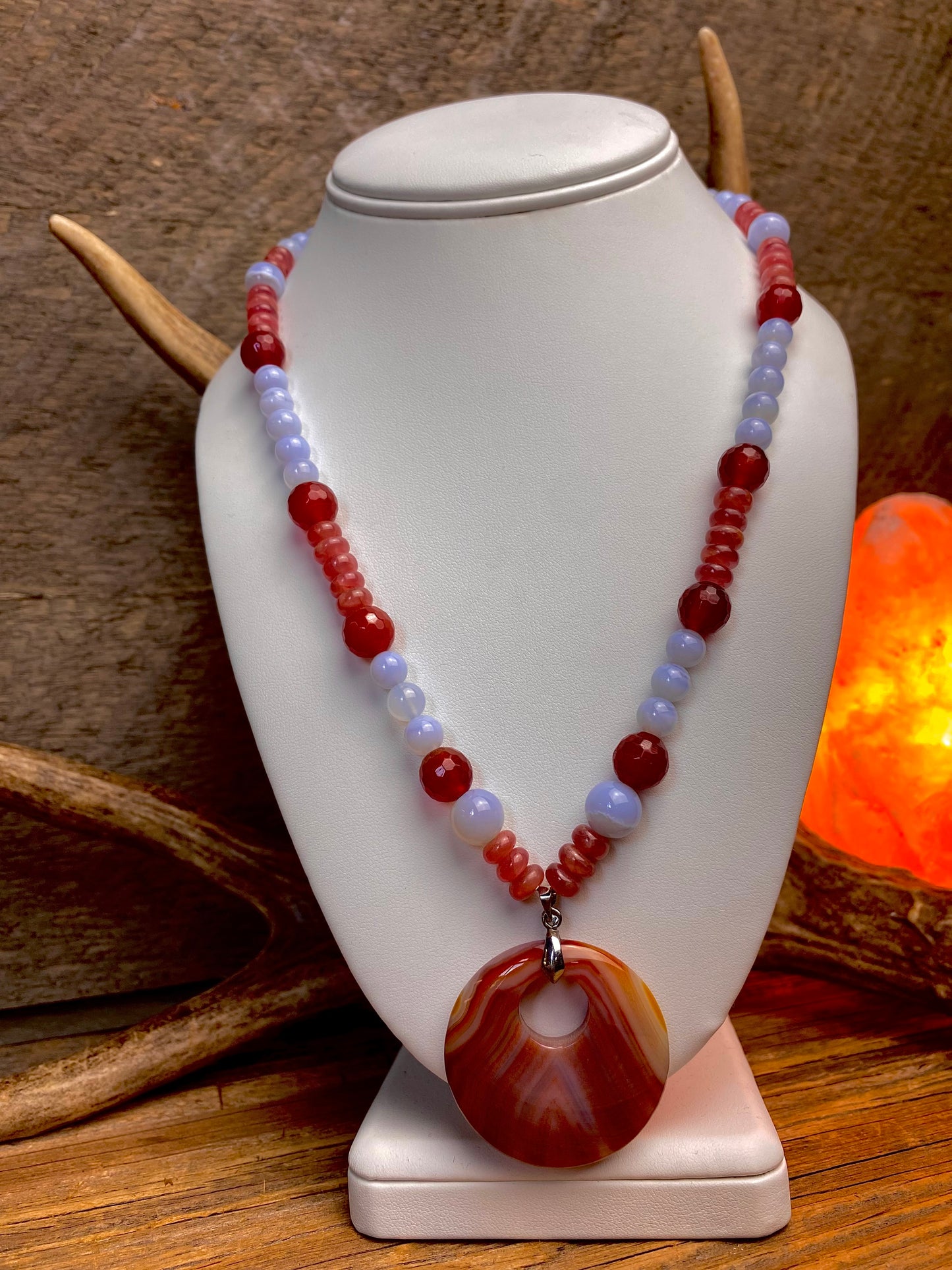 Sunstone, Carnelian & Chalcedony Necklace w/ Agate Pendant