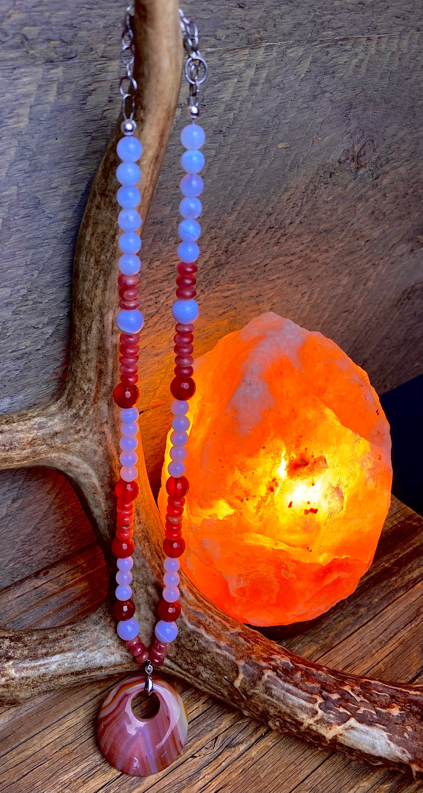 Sunstone, Carnelian & Chalcedony Necklace w/ Agate Pendant