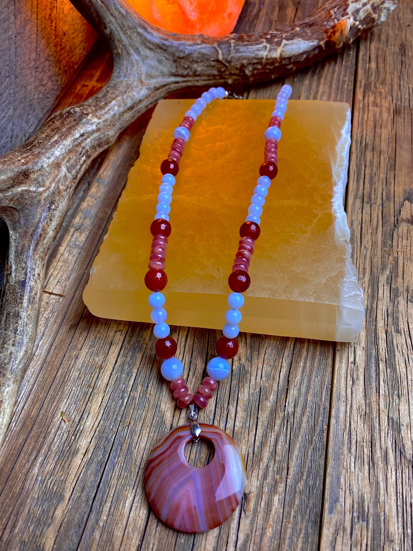 Sunstone, Carnelian & Chalcedony Necklace w/ Agate Pendant