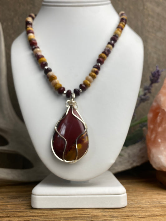 Mookaite Jasper Wire Wrapped Pendant & Garnet Necklace