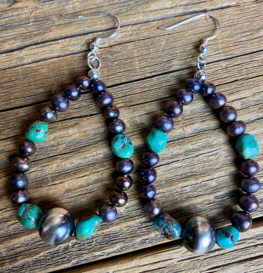 Navajo Pearl, Turquoise & Freshwater Peacock Pearl Earrings