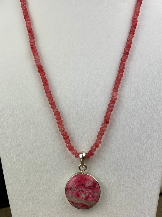 Thulite Pendant with Pink Jade Faceted Necklace