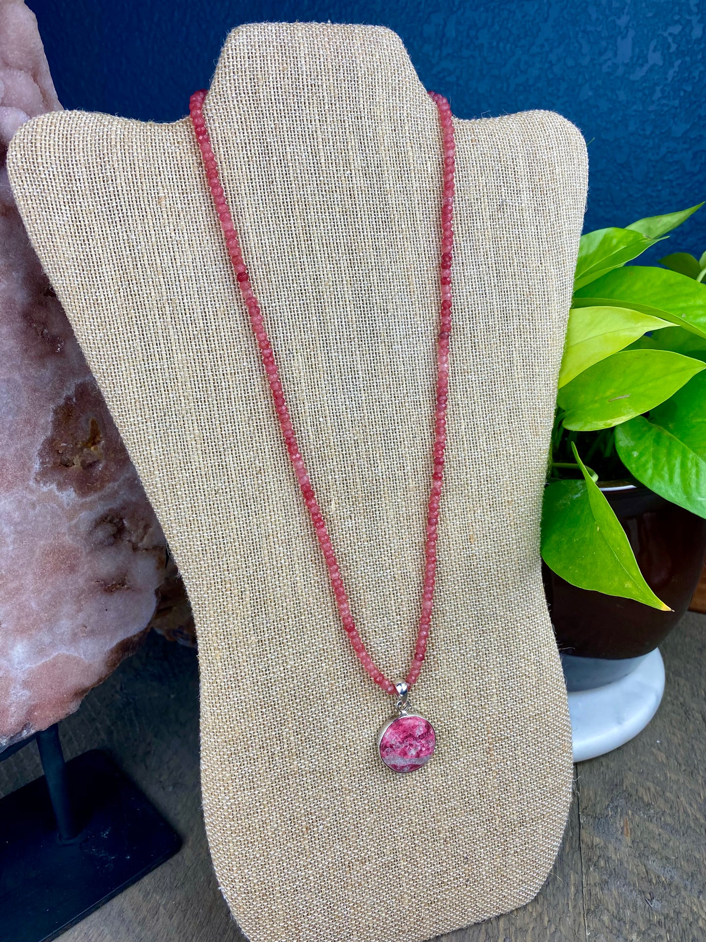 Thulite Pendant with Pink Jade Faceted Necklace