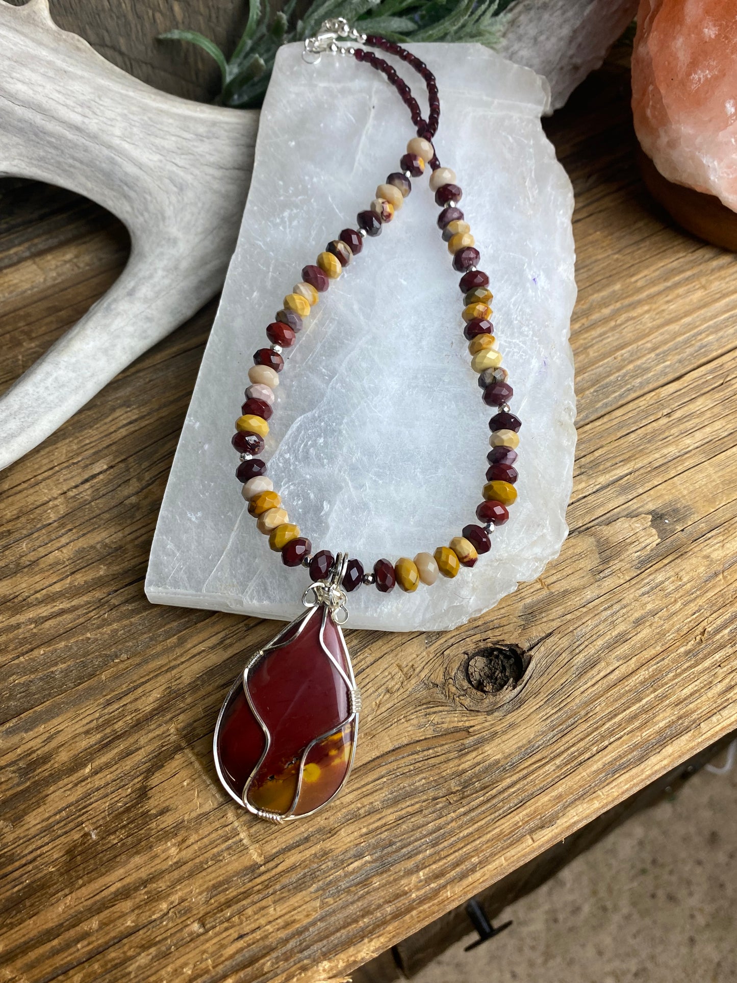 Mookaite Jasper Wire Wrapped Pendant & Garnet Necklace