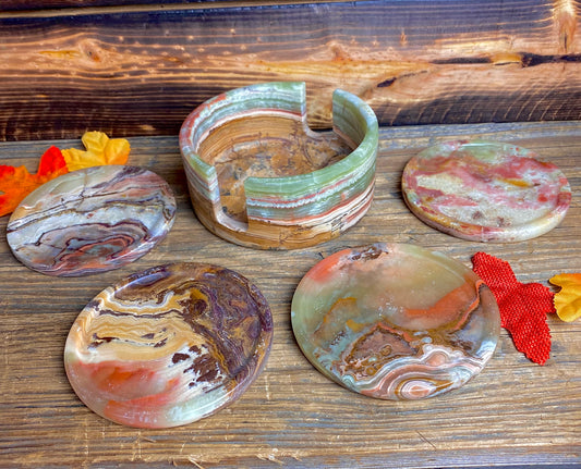 Banded Green Onyx Round Coaster Sets