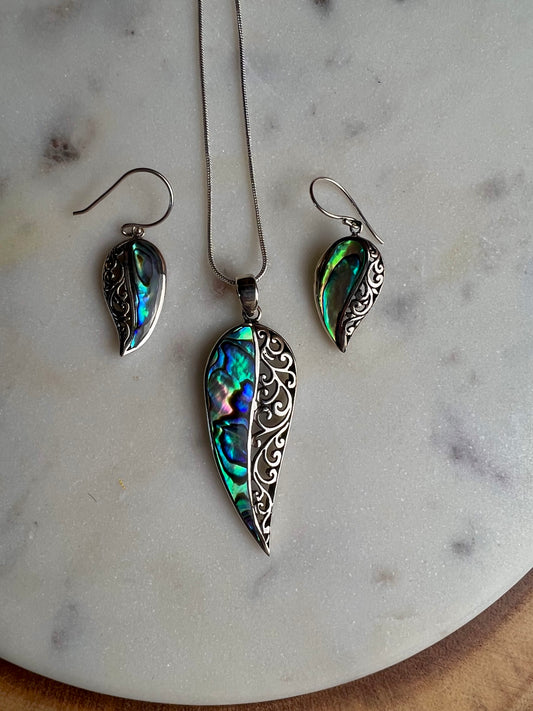 Abalone Feather Necklace and Earring Set