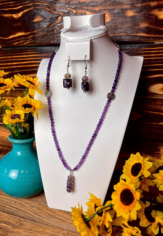 Amethyst Point Beaded Necklace & Earring Set