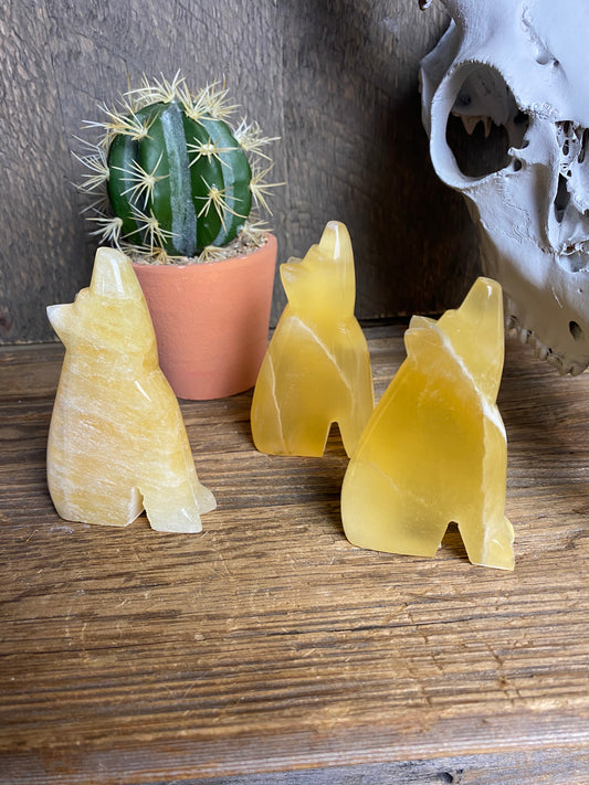 Honeycomb  Calcite Hand-Carved Howling Coyote