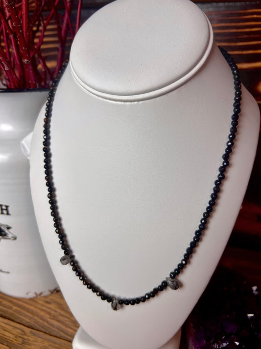 Black Spinel & Tourmalinated Quartz Teardrop Necklace