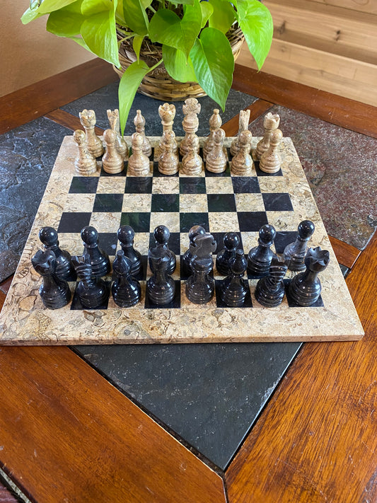 Black and Natural Onyx Chess Set with Velvet Box