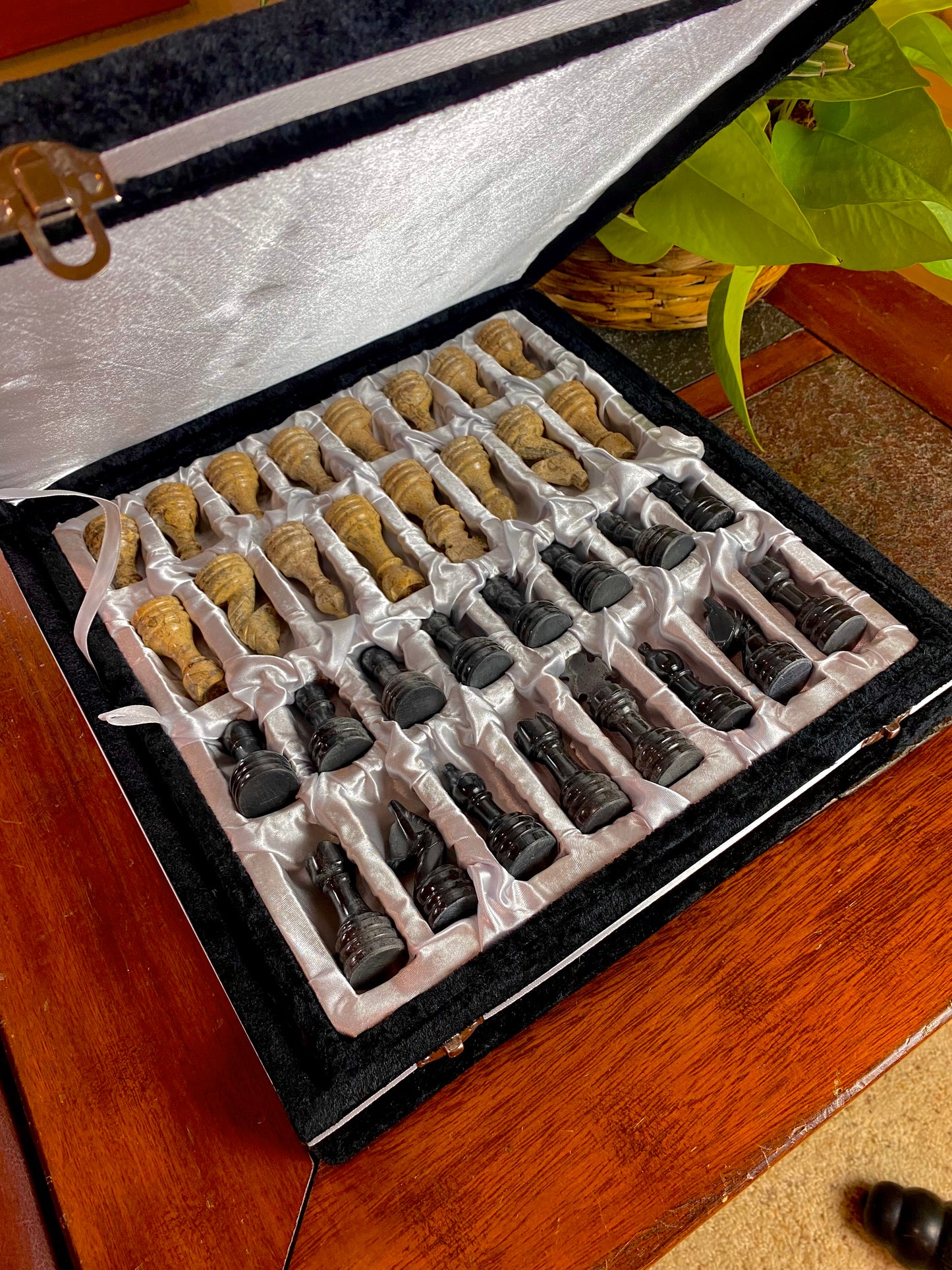 Black and Natural Onyx Chess Set with Velvet Box