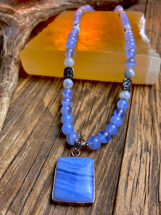 Blue Chalcedony & Rainbow Moonstone w/ Blue Lace Agate Statement Necklace