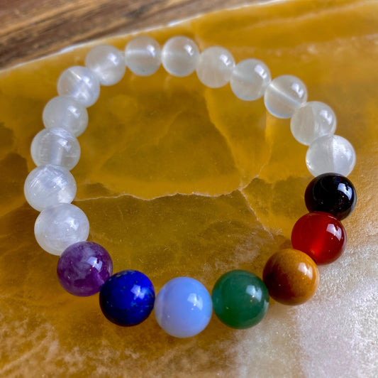 Chakra and Selenite Handmade 10mm Stretch Bracelet