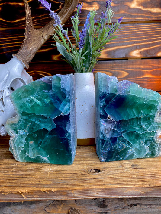 Rainbow Fluorite Hand-Carved Bookends