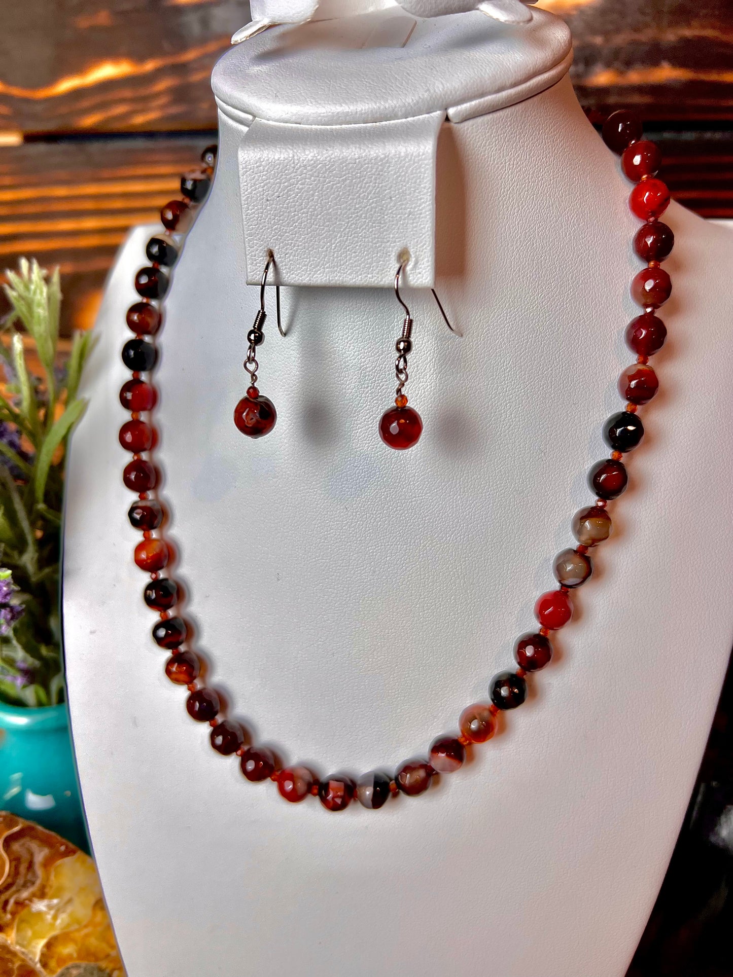 Carnelian Faceted Bead Necklace & Earring Set