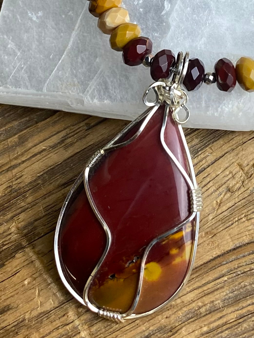 Mookaite Jasper Wire Wrapped Pendant & Garnet Necklace