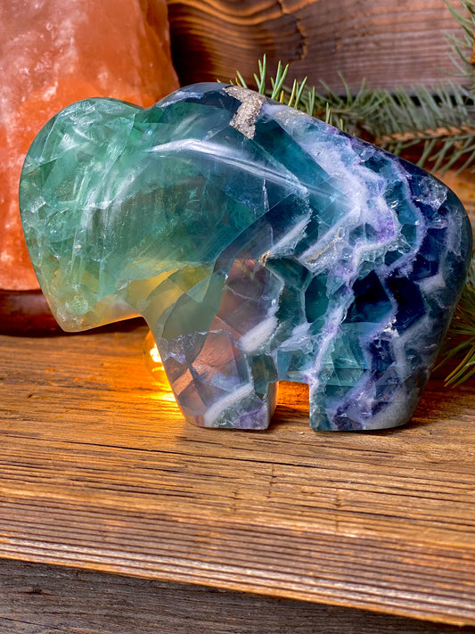 Rainbow Fluorite Hand-Carved Buffalo