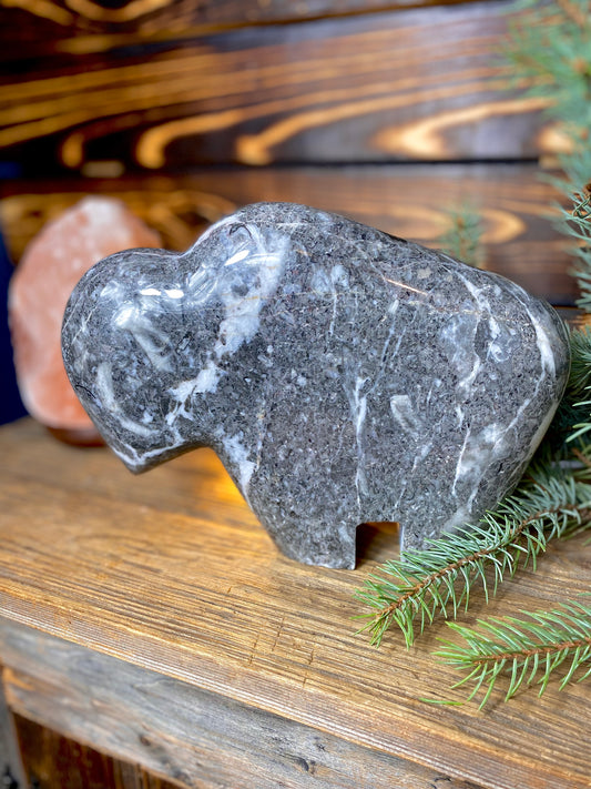 Fossil Gray Hand-Carved Buffalo