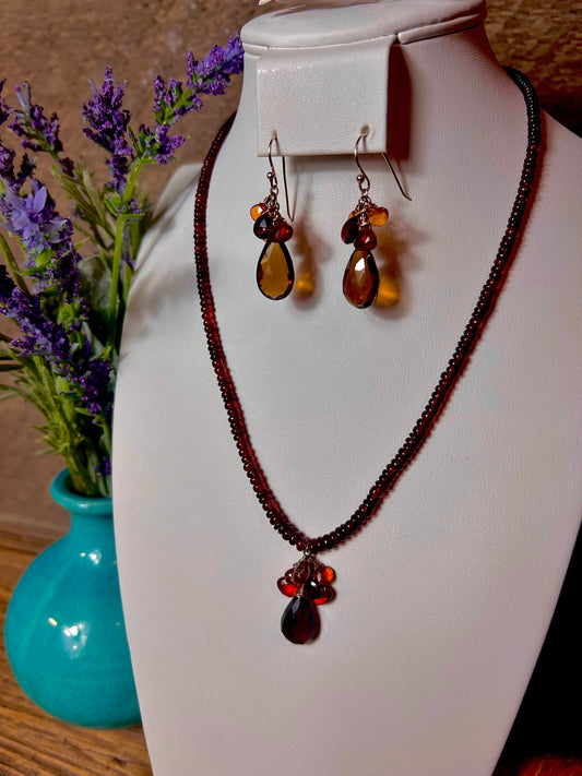 Garnet Necklace & Earring Set with Faceted Smoky Quartz, Citrine and Garnet Briolette Accent