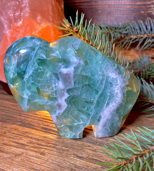 Green Fluorite Hand-Carved Buffalo