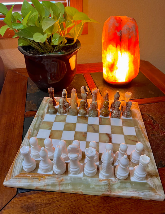 Green and White Onyx Chess Set with Velvet Box
