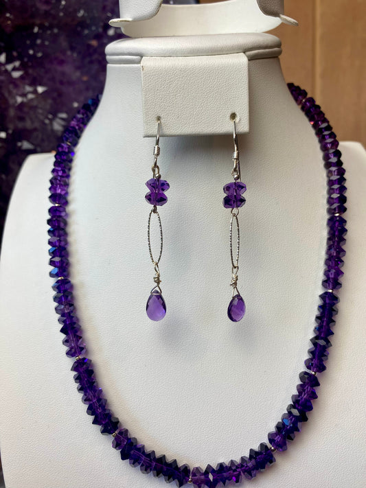 Amethyst Rondelle Necklace and Earrings Jewelry Set