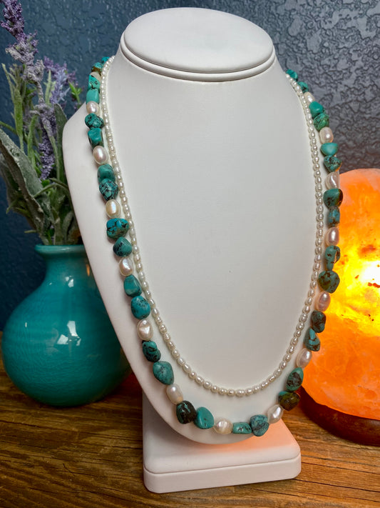 Turquoise & Seed Pearl Double Strand Bead Necklace