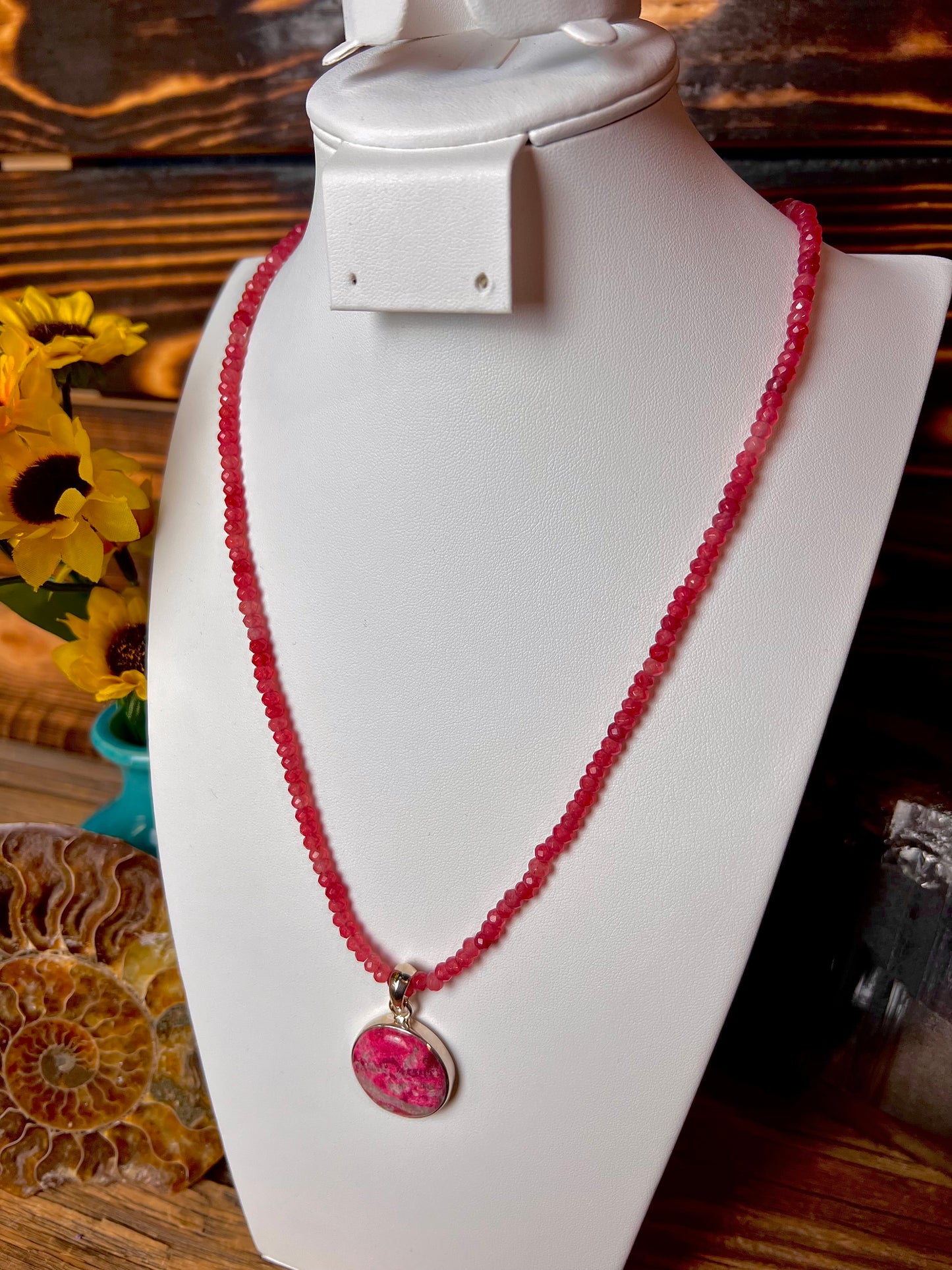Thulite Pendant with Pink Jade Faceted Necklace